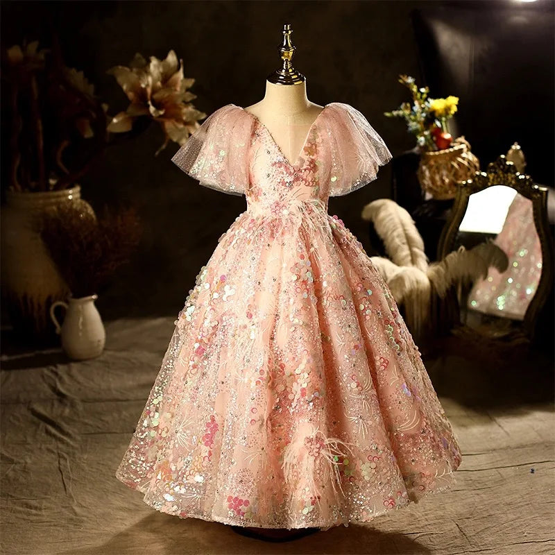 Flower Sequin Lace Gown Party Dress 4Y to 14Y