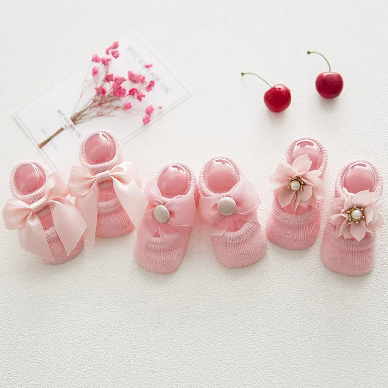 3 Pairs/Set Lace Flower Anti-slip Socks 0M to 24M - More colours to choose