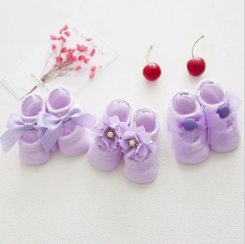 3 Pairs/Set Lace Flower Anti-slip Socks 0M to 24M - More colours to choose