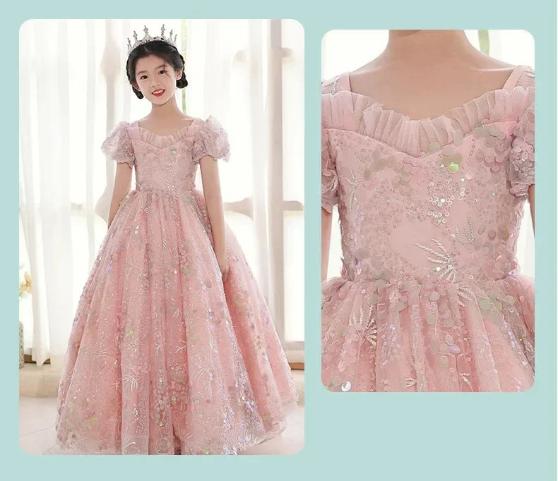 Pink Sequined Puff Sleeves Gown Party Dress 2Y to 14Y