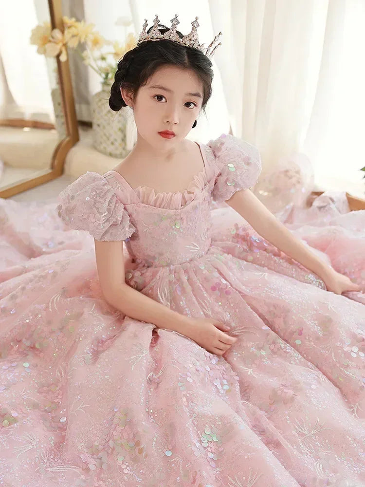 Pink Sequined Puff Sleeves Gown Party Dress 2Y to 14Y