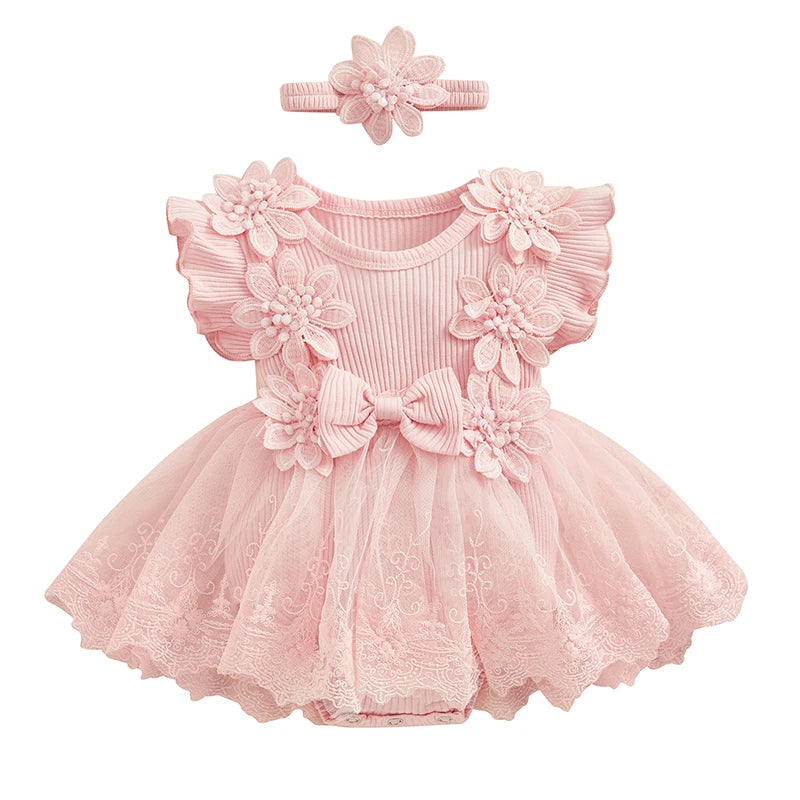 Lace Romper Party Dress with Headband 3M to 18M - More colours to choose