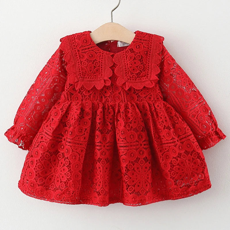 Collar Long Sleeve Lace Party Dress 6M to 3Y