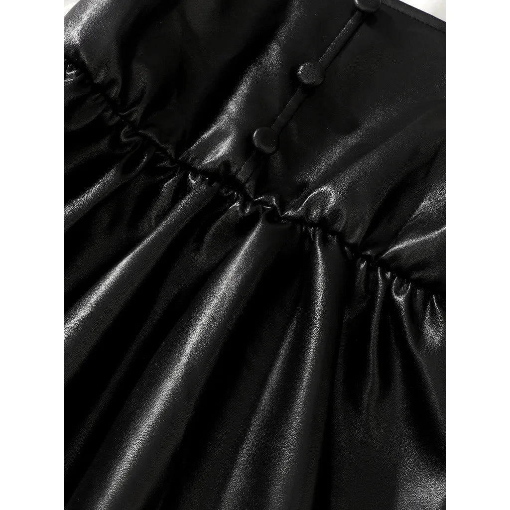 2PCS Black Strap Leather Casual Dress 4Y -7Y