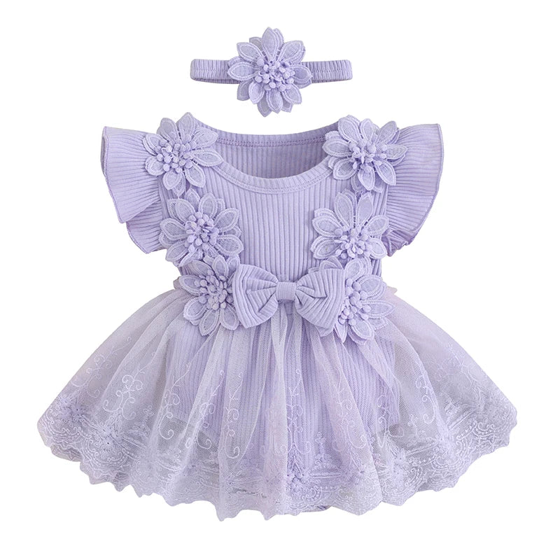 Lace Romper Party Dress with Headband 3M to 18M - More colours to choose