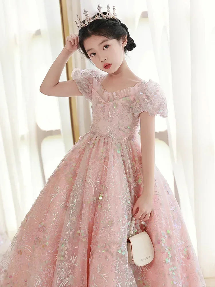 Pink Sequined Puff Sleeves Gown Party Dress 2Y to 14Y