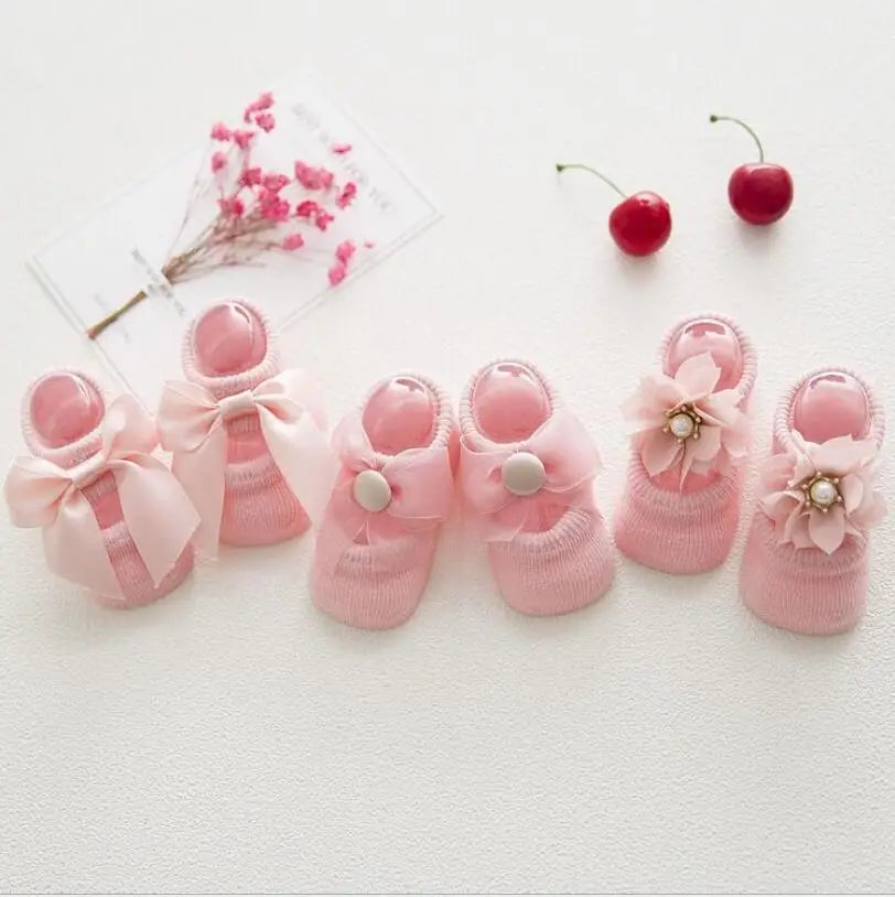 3 Pairs/Set Lace Flower Anti-slip Socks 0M to 24M - More colours to choose
