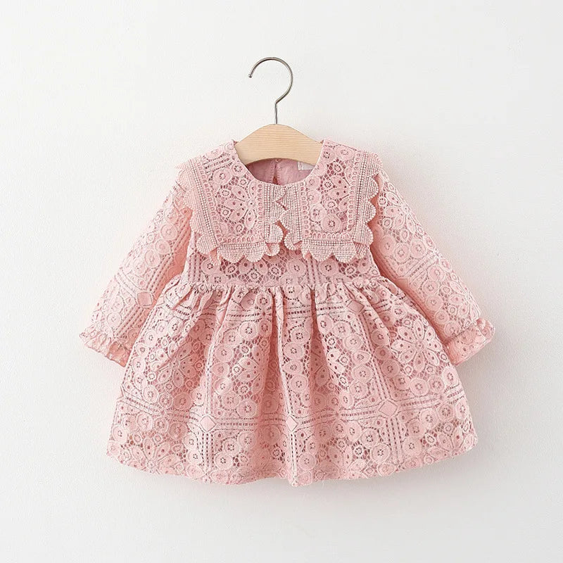 Collar Long Sleeve Lace Party Dress 6M to 3Y