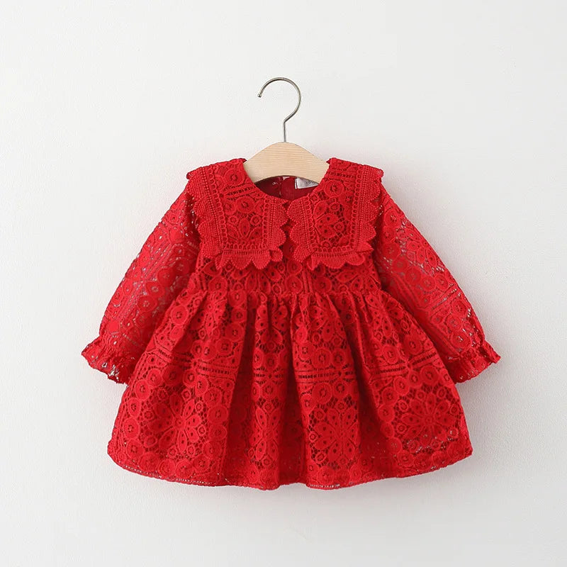 Collar Long Sleeve Lace Party Dress 6M to 3Y
