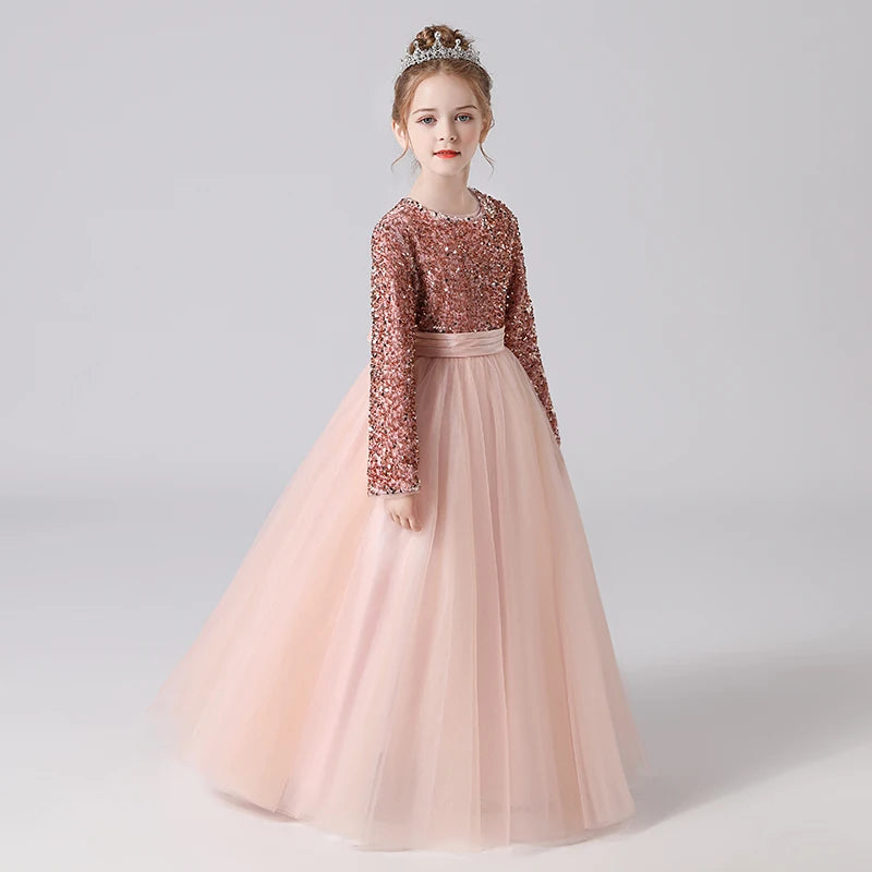 Glitter Sequin Long Sleeves Gown Party Dresses 2Y to 16Y - More colours to choose