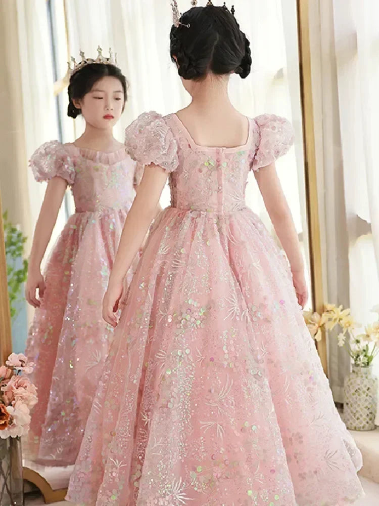 Pink Sequined Puff Sleeves Gown Party Dress 2Y to 14Y