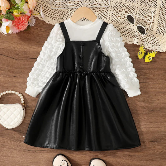 2PCS Black Strap Leather Casual Dress  4Y -7Y