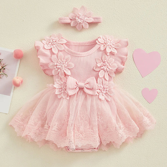 Lace Romper Party Dress with Headband 3M to 18M - More colours to choose