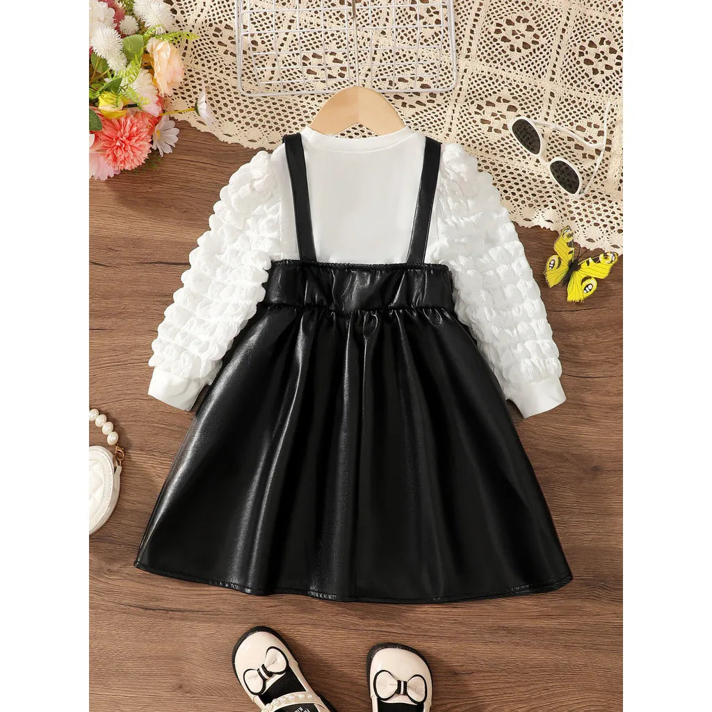 2PCS Black Strap Leather Casual Dress  4Y -7Y