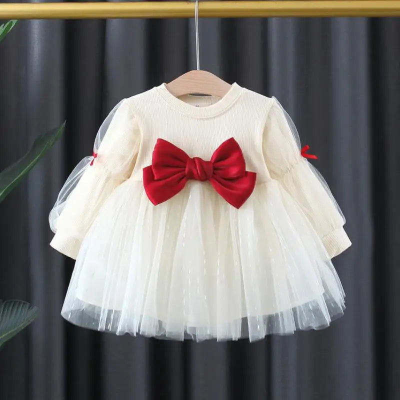 Cream Red-Bow Casual Dress 9M - 4Y