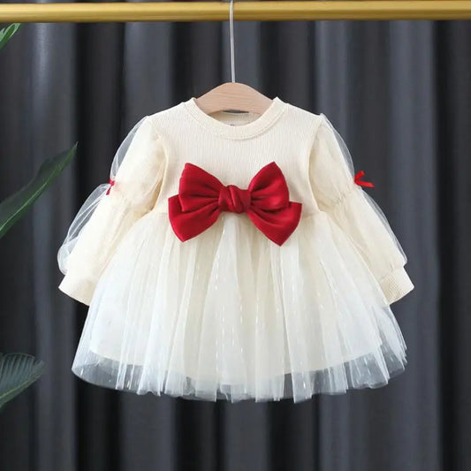 Cream Red-Bow Casual Dress 9M - 4Y