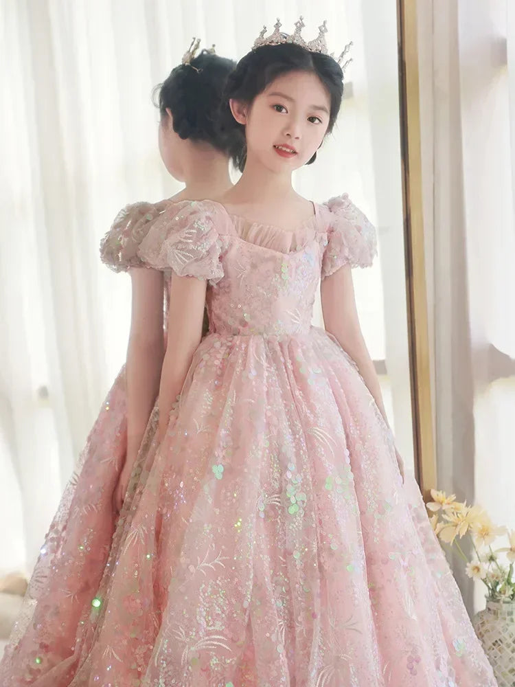 Pink Sequined Puff Sleeves Gown Party Dress 2Y to 14Y