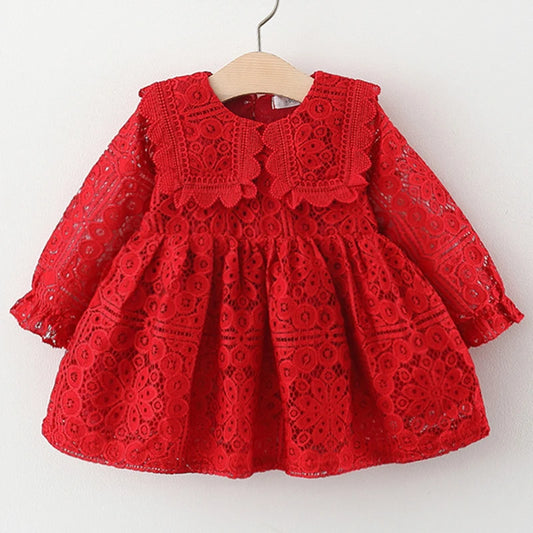 Collar Long Sleeve Lace Party Dress 6M to 3Y