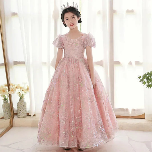 Pink Sequined Puff Sleeves Gown Party Dress 2Y to 14Y