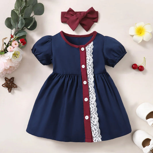 2PC Bubble Sleeve Casual Dress+ Headband 6M to 3Y