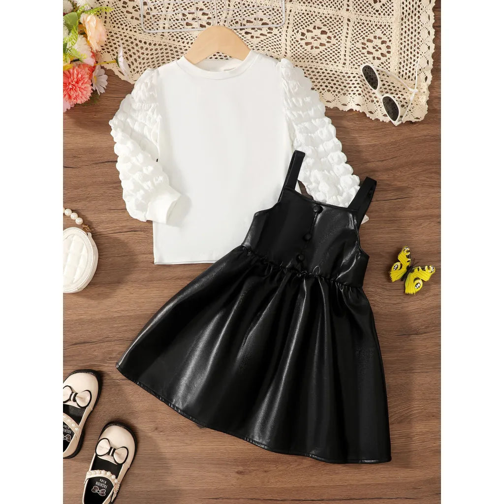 2PCS Black Strap Leather Casual Dress  4Y -7Y